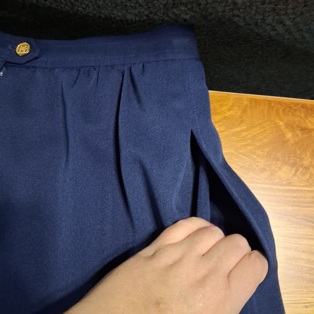 Vintage Givenchy Skirt Navy Blue A-line Midi Lined Zipper Button Closure Pockets - Picture 14 of 16